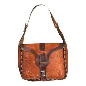 Vintage Tooled Leather Boho Hippie Shoulder Bag Brown Floral Purse Handcrafted
